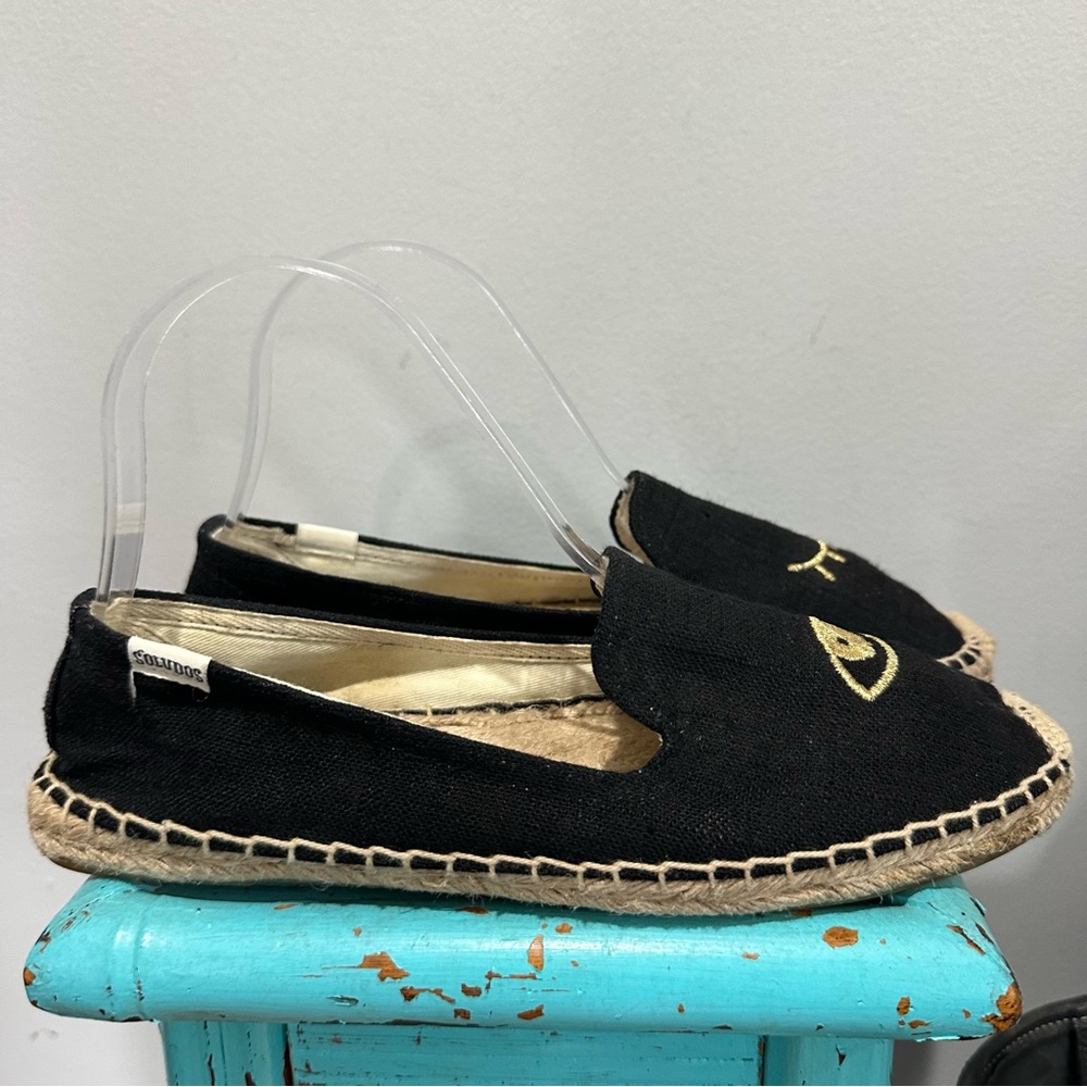 Soludos Jason Polan Gold Embroidered Wink Espadrille Black Size 8 - Picture 5 of 14